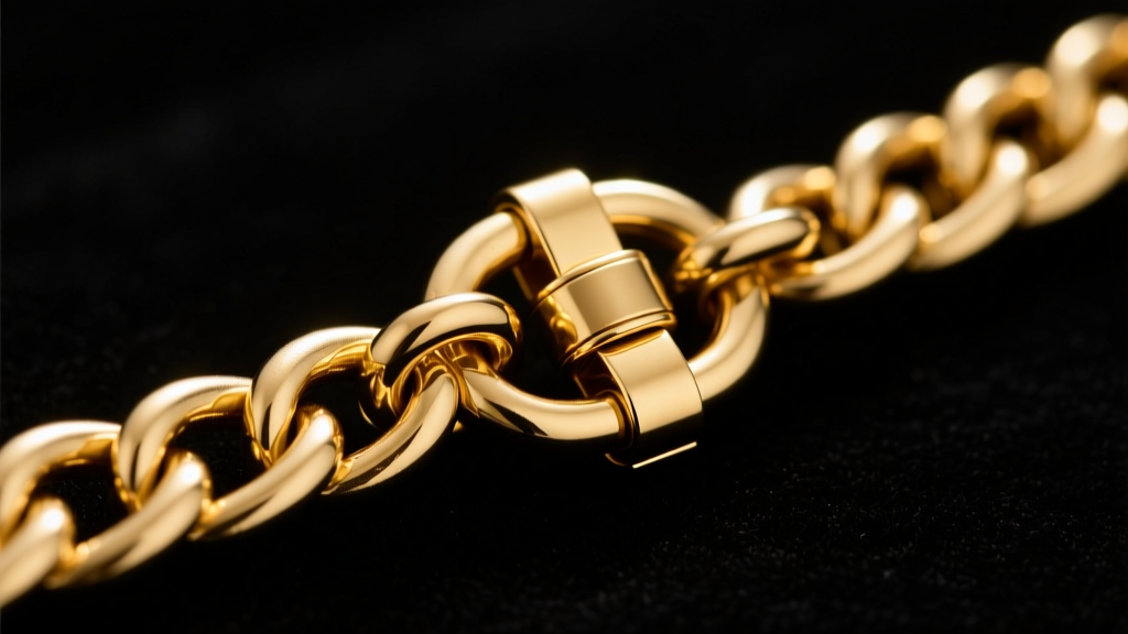 Close-up of a heavy gold chain secured by an upgraded box clasp with a figure-eight safety catch on a dark velvet background.