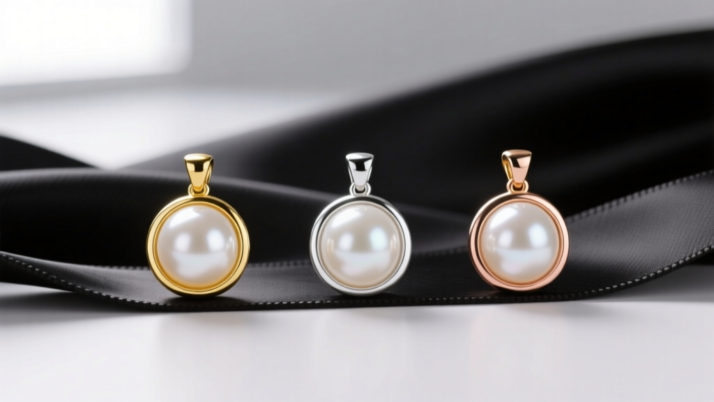 Three identical 7mm white freshwater pearl pendants side-by-side, each set in 14kt yellow, white, and rose gold bezels on silk.