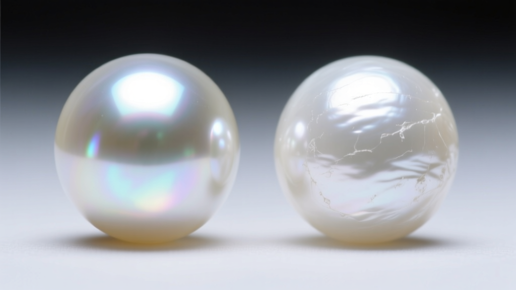 Extreme close-up of a 2mm seed pearl showing sharp, mirror-like luster and clean surface next to a dull, chalky low-grade pearl