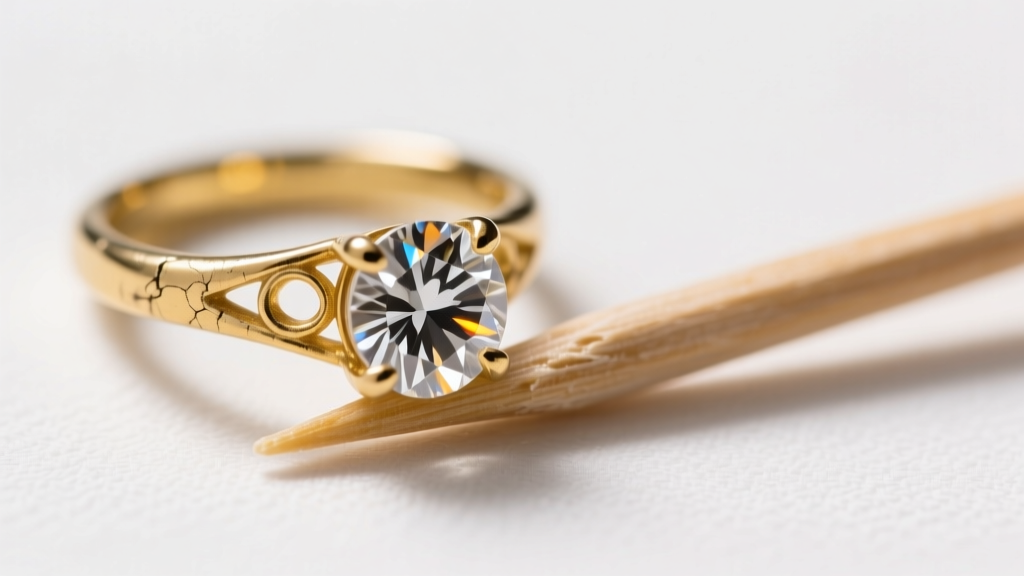Macro photo of a wooden toothpick testing the tension of a worn 14k yellow gold prong holding a round brilliant cut diamond stone.