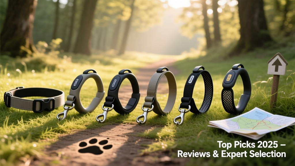 Side-by-side comparison of five top hands-free dog leashes laid out on a grassy path, showing waist belts, bungee sections, and attachment hardware
