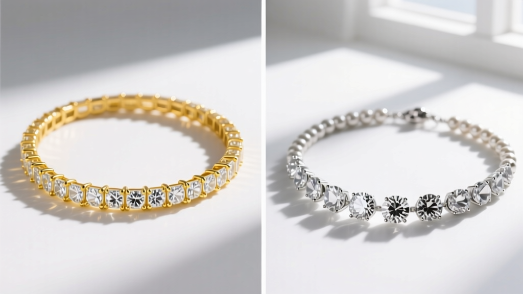 Split-screen view of a uniform lab-grown diamond riviere in yellow gold beside a graduated natural diamond strand in platinum.