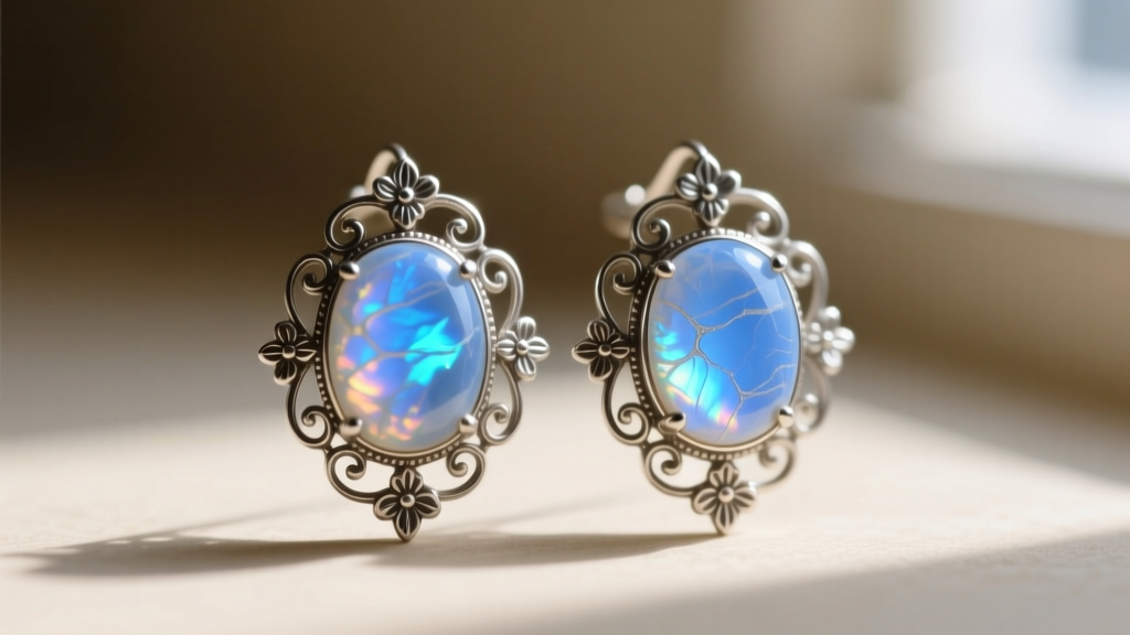 Macro shot of authentic vintage moonstone earrings showing bright blue adularescence in ornate Victorian sterling silver settings.