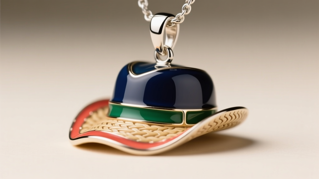 Macro shot of a baseball straw hat pendant showing enamel details and a polished sterling silver bail under soft studio lighting.