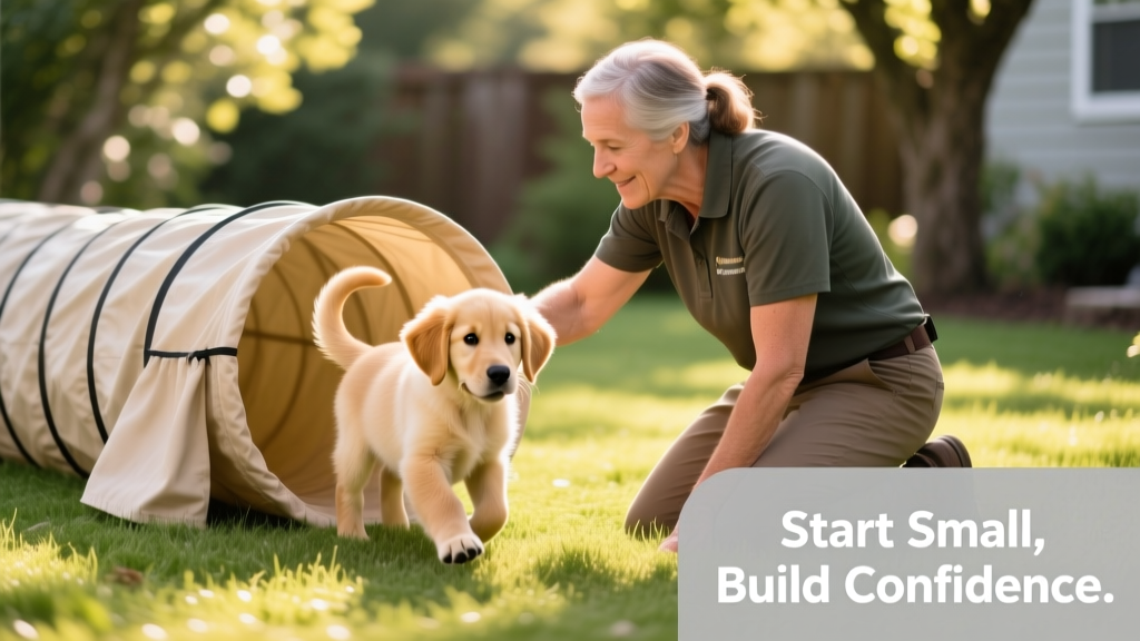 A trainer gently guiding a young dog through a low tunnel made of fabric