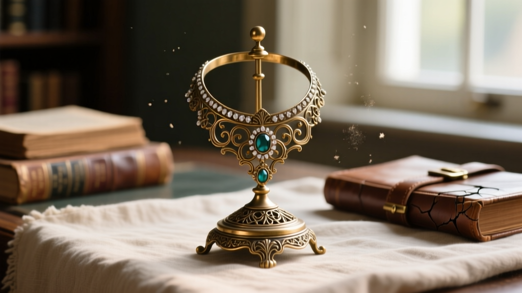 Macro shot of an antique jewelry stand's interior lining, showing pristine acid-free silk next to tarnished ormolu brass hardware