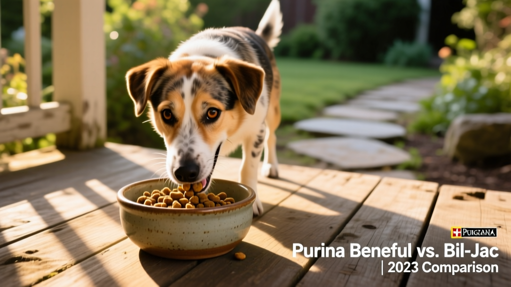 A happy, medium-sized mixed-breed dog enjoying Purina Beneful kibble from a ceramic bowl on a sunlit porch