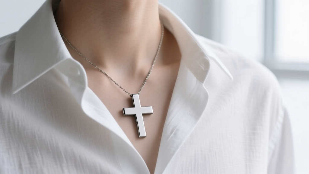 Sleek Grade 5 titanium minimalist cross necklace with a matte finish worn against a crisp white linen button-down shirt