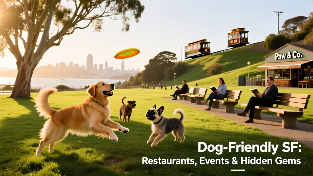 A lively dog park in San Francisco with open grass, shaded benches, and dogs playing fetch