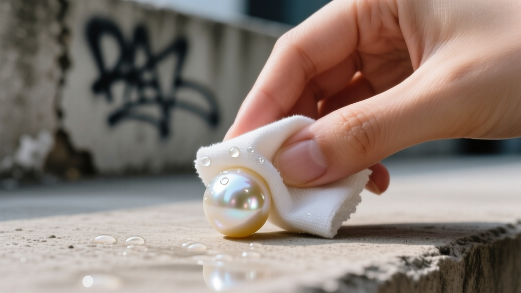 Hands gently wiping a single Akoya pearl with a damp microfiber cloth to remove urban grime against a blurred concrete background
