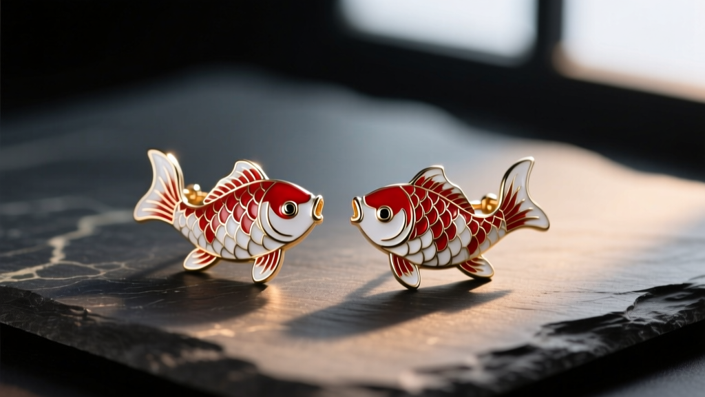 Macro shot of vibrant cloisonné enamel koi fish earrings in red and white, resting on dark slate with soft, moody lighting