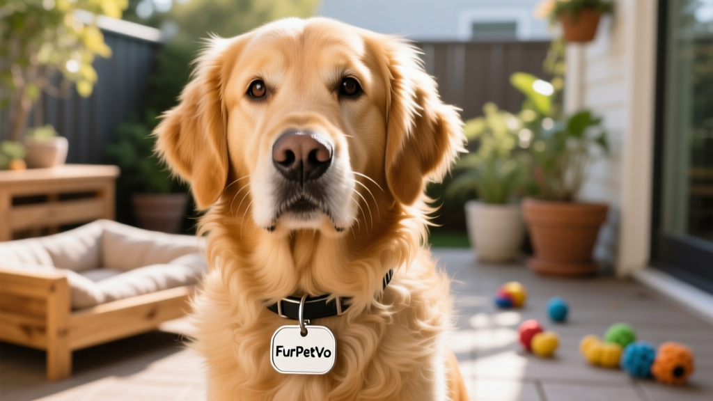 A close-up of a dog wearing a FurPetVo ID tag
