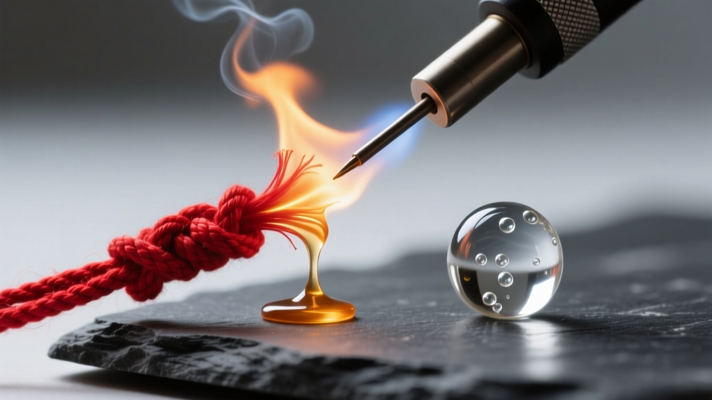 Thread zap tool melting the tail of a red knotting cord, with a glass bead stopper resting nearby on a dark slate surface