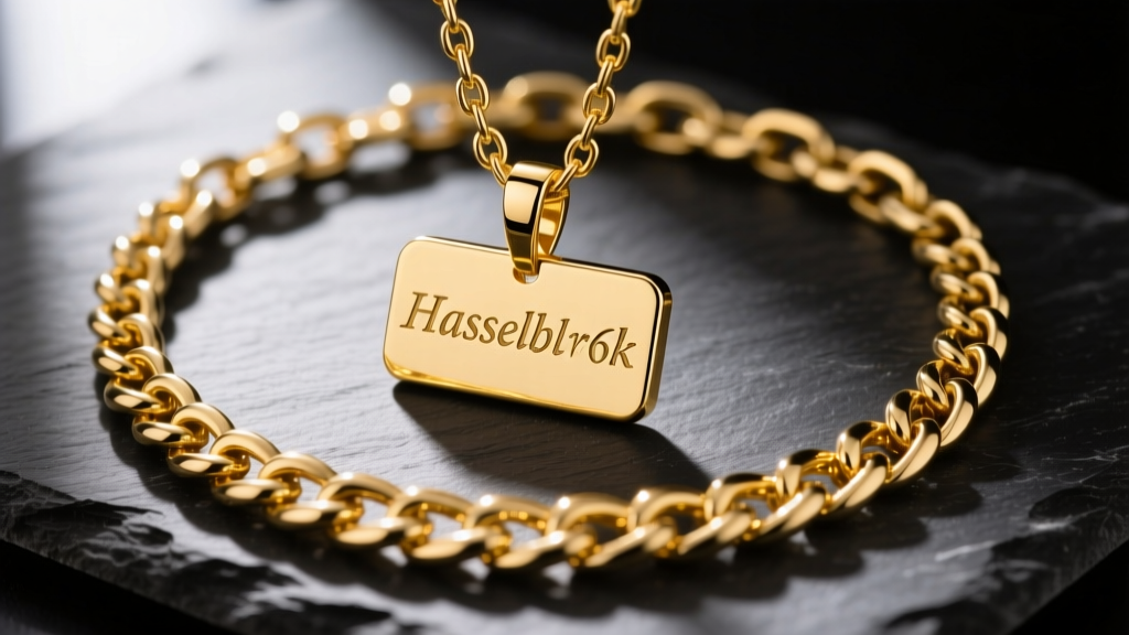 Close-up of a 14k yellow gold Cuban link chain holding a heavy custom nameplate pendant on dark slate with dramatic lighting