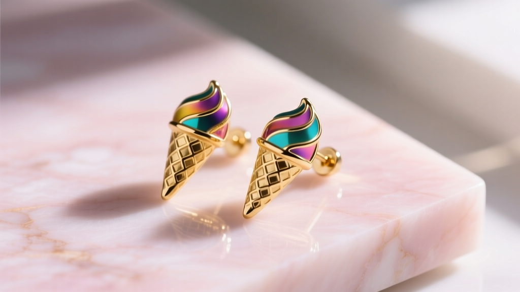 Close-up of 14k gold and hard enamel ice cream cone drop earrings resting on a pastel pink marble surface with soft sunlight