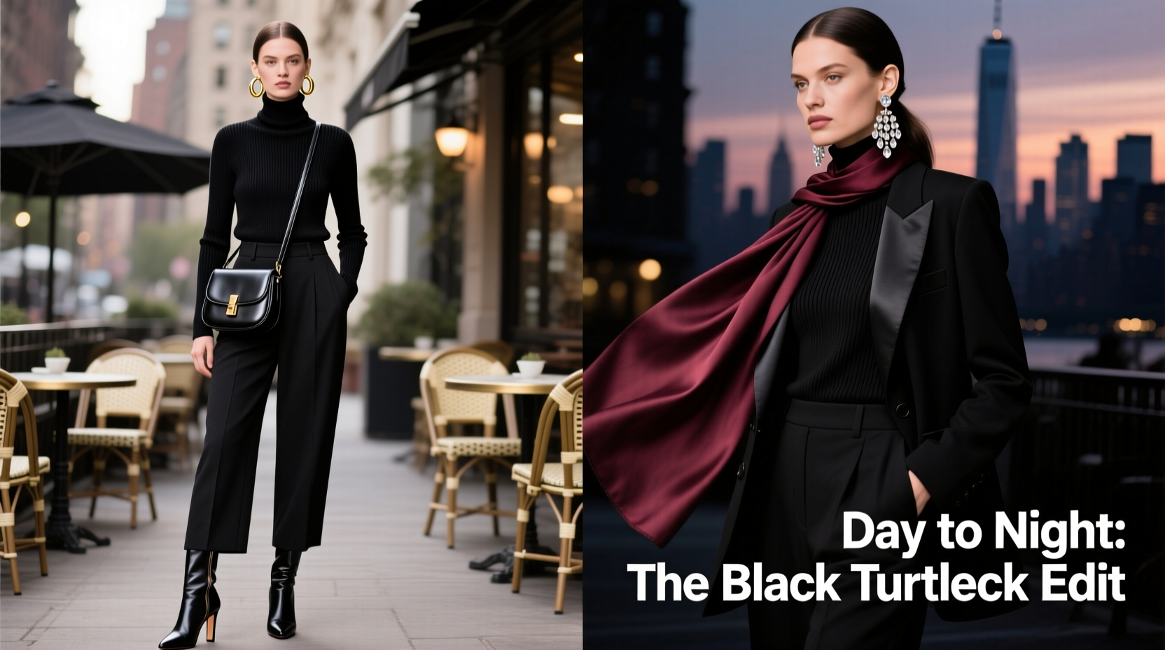 how to accessorize a black turtleneck for both day and night