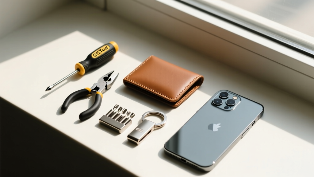 Overhead pocket dump featuring G15Tool gadgets alongside a minimalist wallet, keychain, and smartphone in natural sunlight