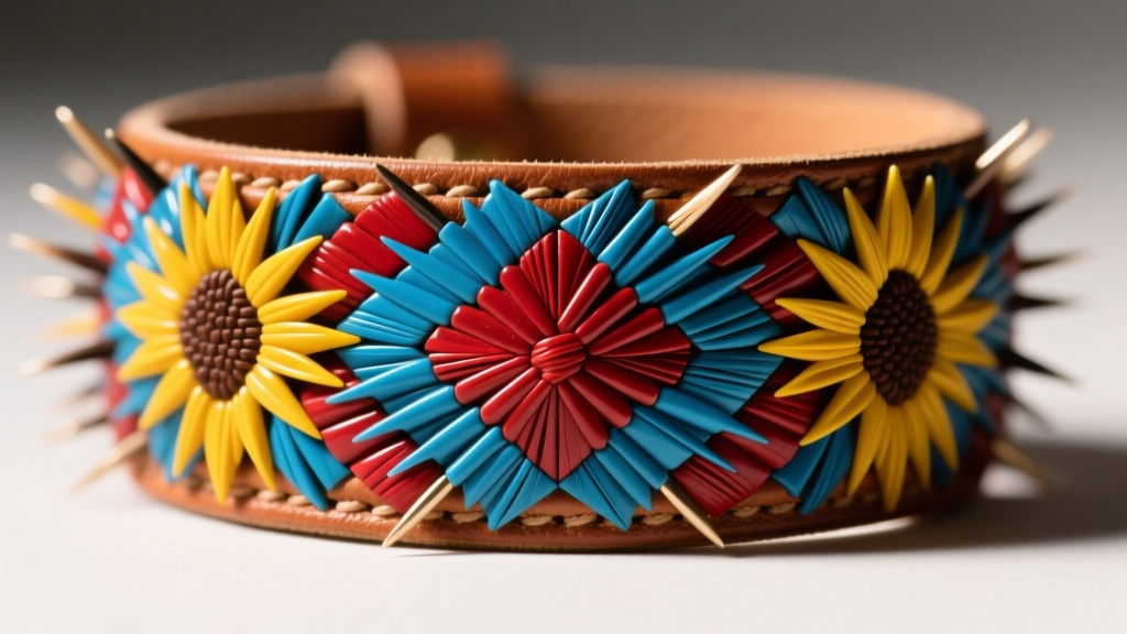 Macro shot of dyed porcupine quills woven into a tight geometric pattern on a leather bracelet under warm side lighting.