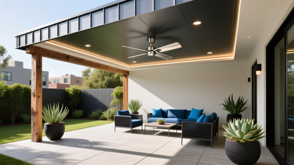Modern patio featuring a standing seam metal roof on cedar posts with integrated recessed lighting and ceiling fans