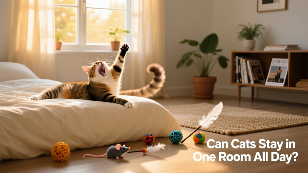 Happy cat stretching luxuriously on a soft bed near a sun-drenched window with toys scattered nearby