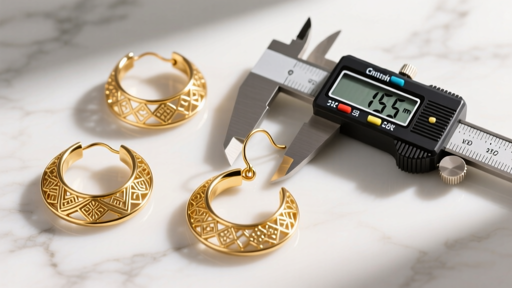 Flat lay of three Latina gold hoop earrings on marble, with a digital caliper measuring the exact wire thickness and diameter.