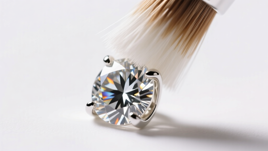 Macro shot of an ultra-soft nylon jewelry brush gently scrubbing the pavilion of a diamond set in a white gold prong setting.