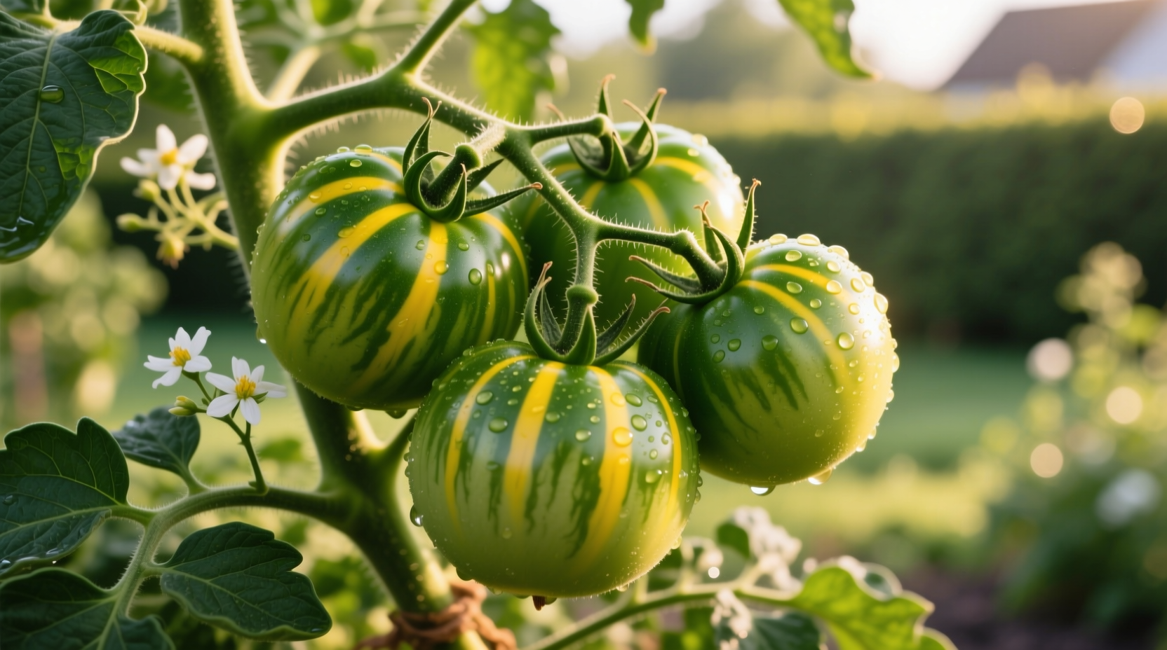 Ripe green tomatoes on vine with yellow stripes