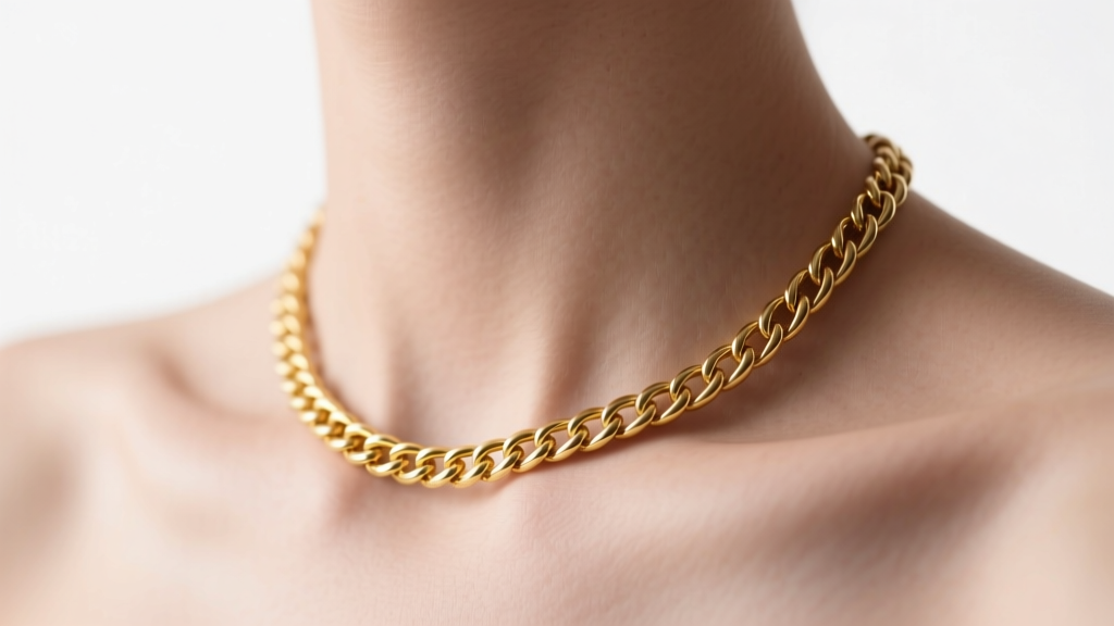 Close-up of a collarbone showing an 18-inch 14k yellow gold cable chain resting at the neck base under soft studio lighting.