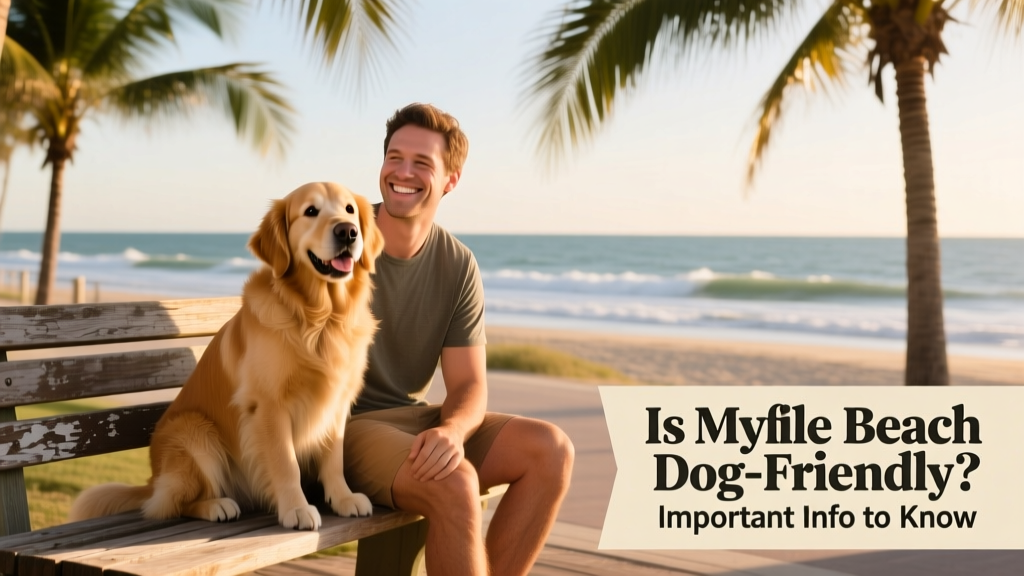 A happy dog sitting beside its owner on a shaded bench along the Myrtle Beach Boardwalk, with palm trees and ocean in the background