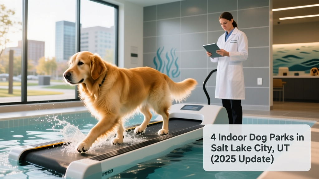 A golden retriever calmly walking on an underwater treadmill while a certified canine rehab specialist monitors progress nearby