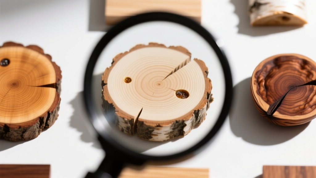 Macro view of wood endgrain samples under a 10x jeweler's loupe, revealing distinct pore patterns of red oak and southern yellow pine