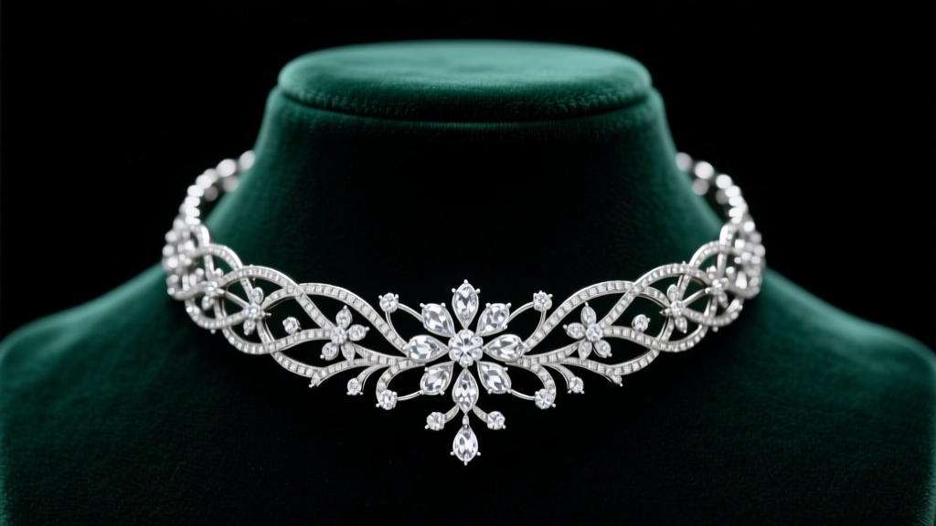 Platinum rigid tiara collar necklace with floral filigree and pave diamonds on a dark velvet bust under soft studio lighting