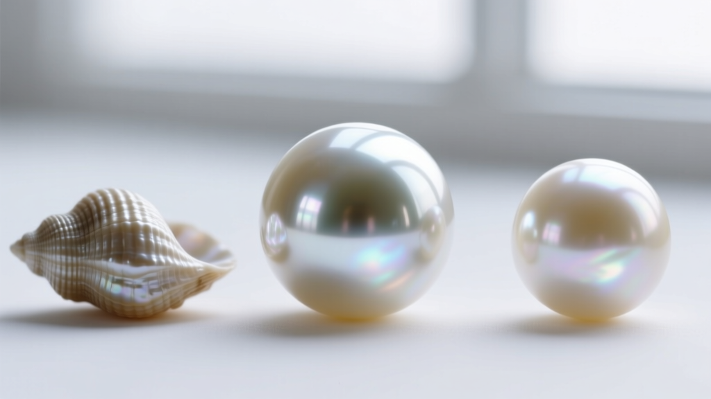 Macro photo comparing three pearl surfaces: a flawless glass pearl, a ridged baroque freshwater pearl, and a smooth Akoya pearl.