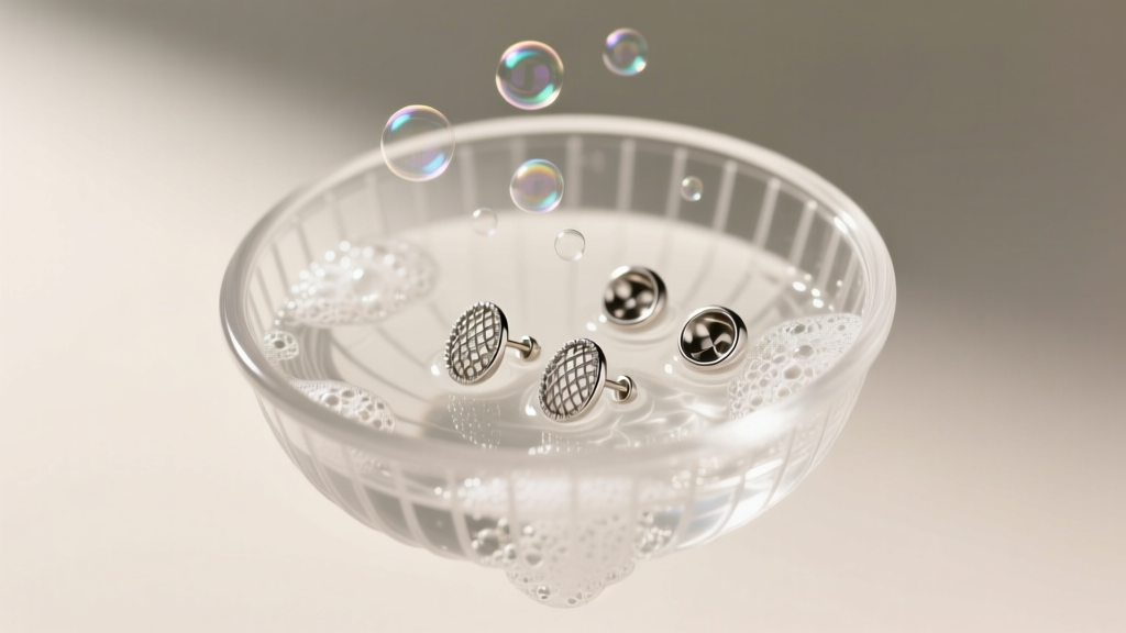 Ultrasonic basket holding threaded earring posts and backs in soapy water with gentle bubbles under soft studio lighting