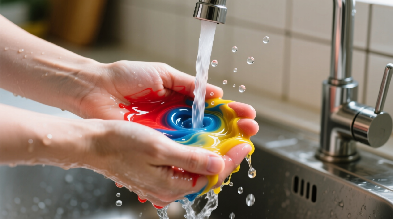 Hands washing food coloring under running water