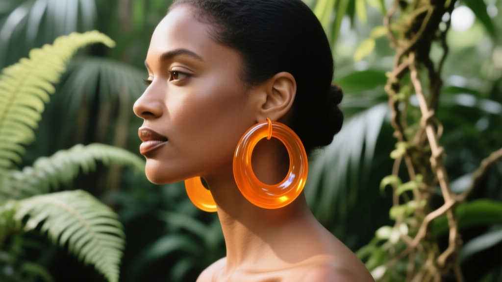 Side profile of a woman with warm olive skin tone wearing large orange resin hoop earrings against a blurred botanical background.