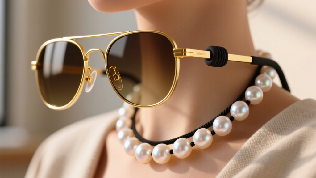 Close-up of a freshwater pearl necklace sunglasses holder with a silicone grip loop securing the arm of a gold aviator frame