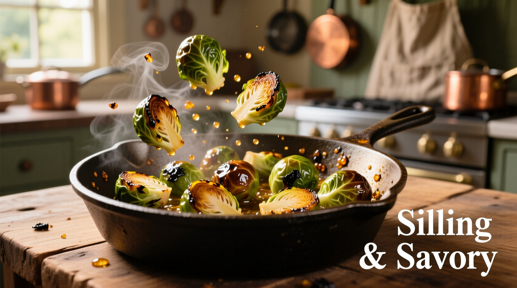 Golden brown brussel sprouts sizzling in cast iron pan