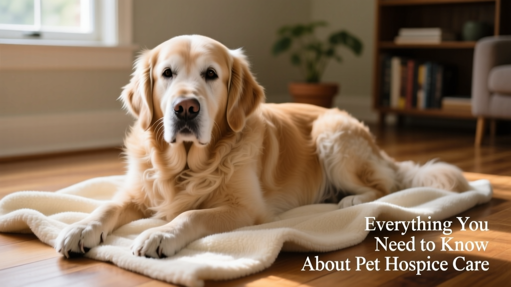 Senior golden retriever resting peacefully on a soft blanket indoors