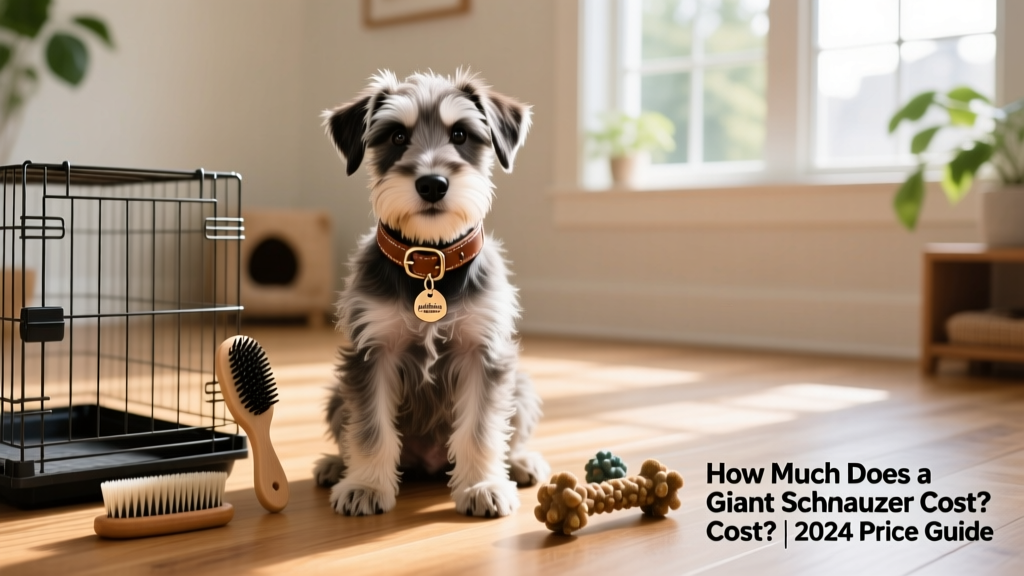 A Giant Schnauzer puppy sitting beside a neatly arranged set of puppy supplies: crate, collar, brush, and toys
