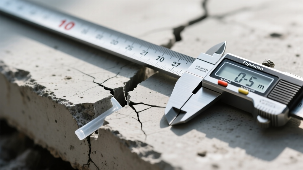 Close-up inspection of a 2mm plastic shrinkage crack in a gray concrete slab next to a steel measuring tape and a crack width gauge.