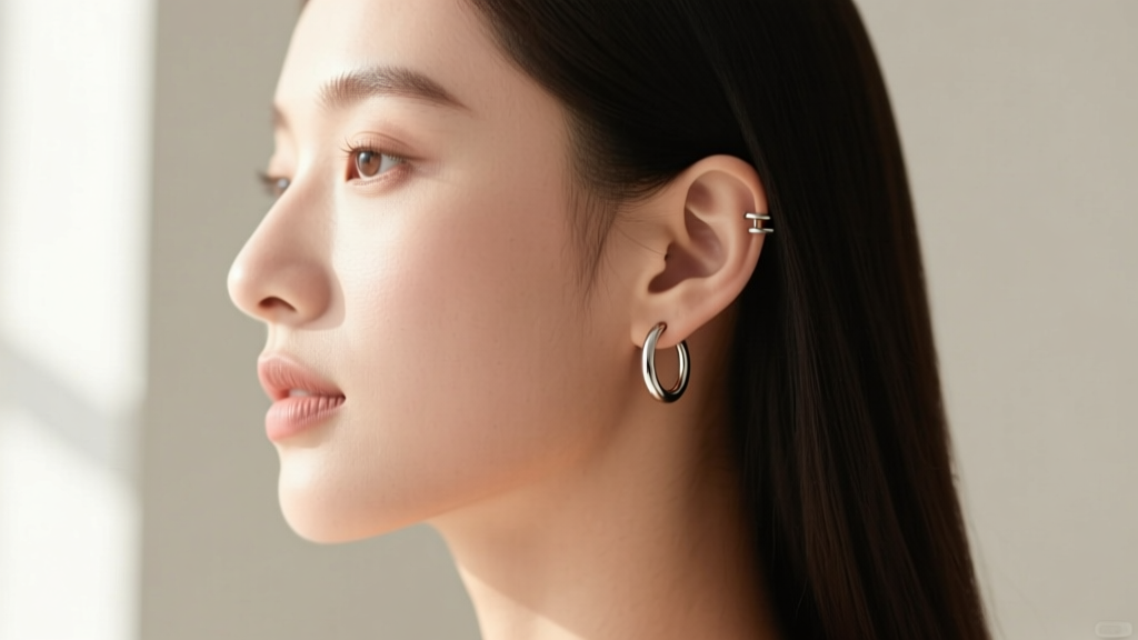Side profile of a woman wearing clean titanium huggie earrings, highlighting the lobe piercing against soft natural window light.