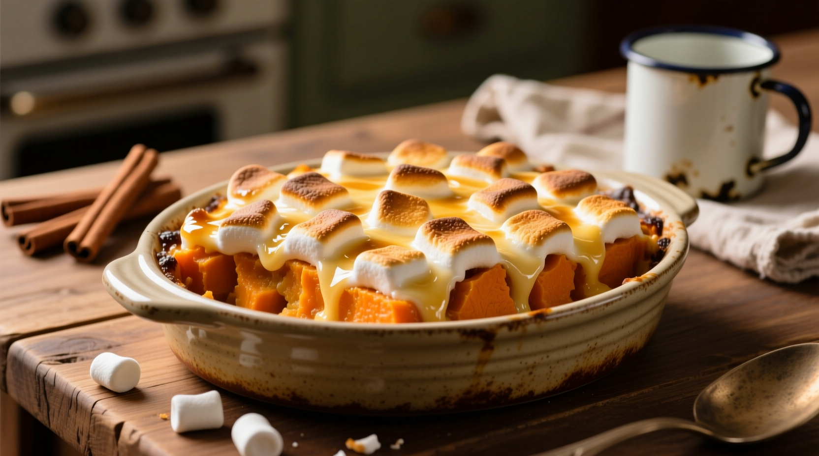 Golden baked sweet potato casserole with melted marshmallows