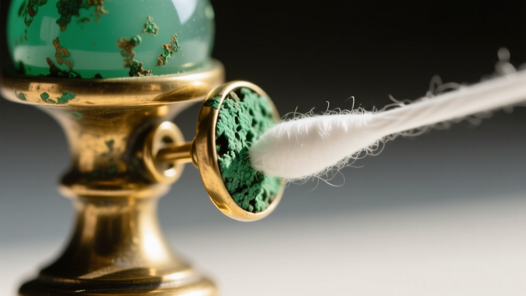 Macro shot of a cotton swab removing green verdigris corrosion from a vintage brass earring post, carefully avoiding the resin.