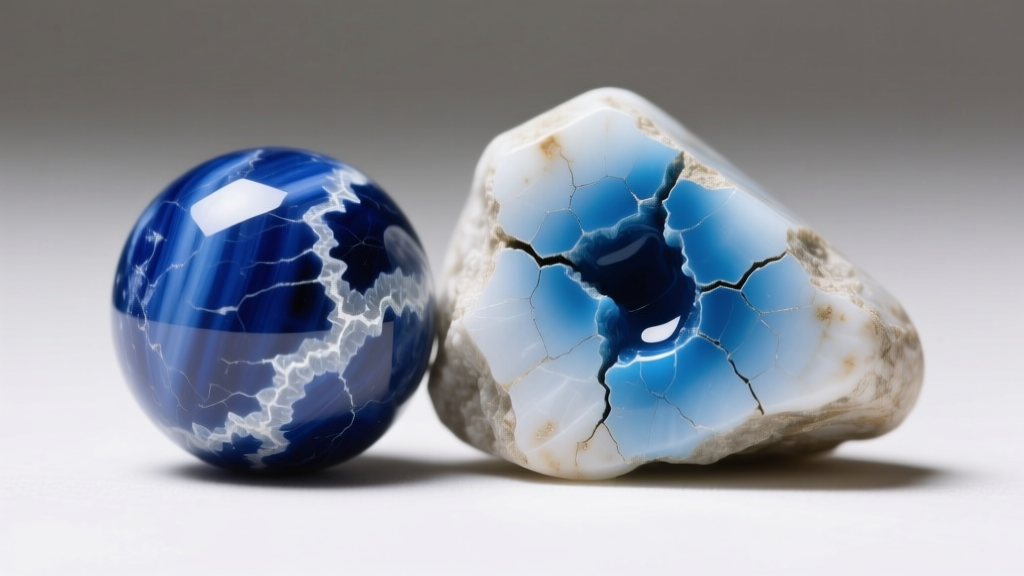 Close-up of a genuine sodalite bead with white calcite next to dyed howlite showing blue dye concentrated in surface cracks
