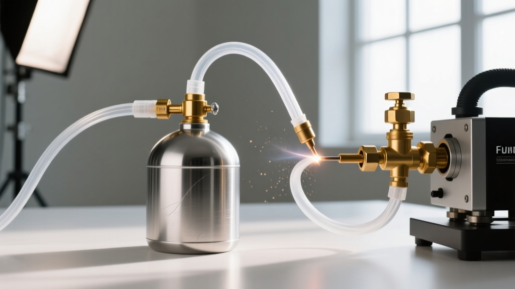 Small tank of pure argon gas with a brass flow regulator connected to a jewelry pulse arc welder via a clear polyurethane hose.