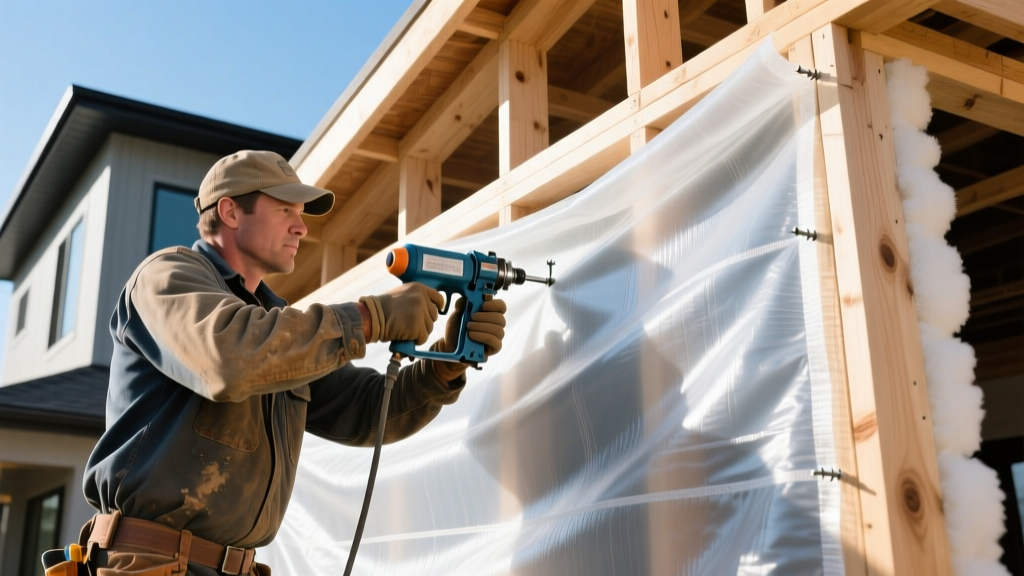 Construction worker installing semi-translucent spunbond polyolefin weather-resistive barrier over wood framing using cap nails