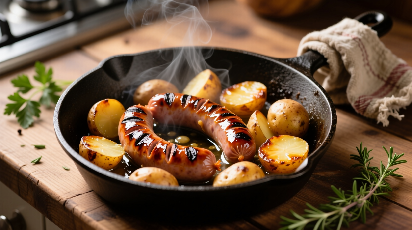 Kielbasa and potatoes sizzling in cast iron skillet