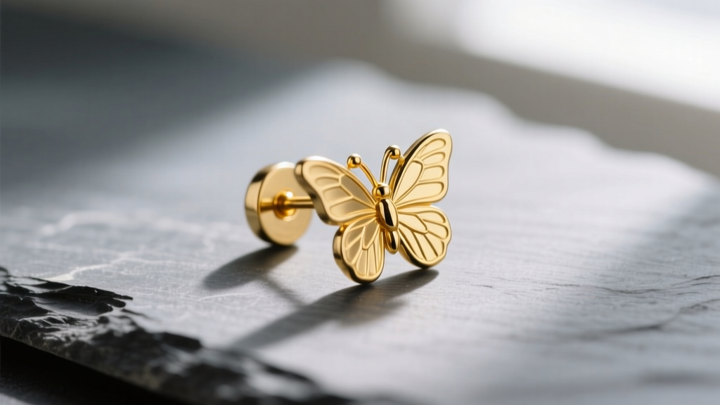 Macro shot of a gold butterfly friction earring back on slate, showing the metal scroll tension loops and post dimple