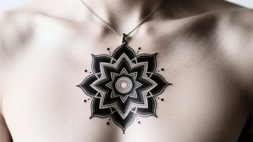 Intricate dotwork sternum tattoo designed like a mandala pendant, featuring deep blackwork shading and negative space on pale skin